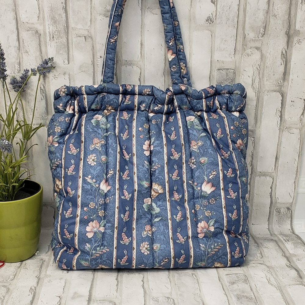 Vintage Tote Folks Blue Floral Plush Tote Bag